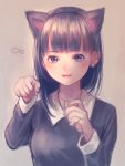  1girl :d animal_ears bangs beige_background bell black_hair blue_eyes blunt_bangs blush cat_ears collared_shirt earrings eyebrows eyebrows_visible_through_hair hairband hand_gesture holding holding_necklace jewelry jingle_bell long_sleeves nail_polish nishizawa open_mouth original paw_earrings paw_pose pendant pink_nails ring shirt short_hair simple_background smile solo sweater tareme upper_body 