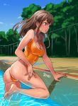  1girl ass barefoot blue_eyes breasts brown_hair cleavage feet hair_ornament hairclip heart highres lips long_hair manus one-piece_swimsuit orange_swimsuit original parted_lips pool revision solo swimsuit wet 