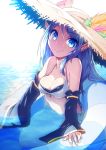  1girl absurdres bikini blue_eyes blue_hair breasts chain_chronicle cleavage detached_sleeves earrings flower hat hat_feather hat_flower helicity highres innertube jewelry long_hair looking_at_viewer ocean pointy_ears satou_kochi sleeves_past_wrists smile solo straw_hat swimsuit wet wide_sleeves 