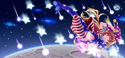  1girl american_flag_dress american_flag_legwear blonde_hair breasts clownpiece danmaku dress dress_lift earth full_body hat highres jester_cap long_hair midriff moon navel pantyhose shooting_star short_dress skywaker solo stomach touhou violet_eyes 