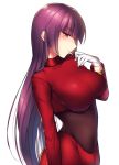  1girl breasts covered_navel gloves hime_cut large_breasts long_hair long_sleeves looking_at_viewer natsume_(pokemon) pokemon pokemon_(game) purple_hair red_eyes simple_background solo white_background white_gloves yomono 
