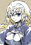 1girl blonde_hair blue_eyes braid breasts capelet fate/apocrypha fate_(series) headpiece ishida_akira looking_at_viewer ruler_(fate/apocrypha) single_braid smile solo 