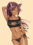  1girl alternate_costume animal_ears arm_up bangs beige_background black_panties bleach breasts cat_cutout cat_ear_panties cat_ears cat_lingerie cleavage_cutout closed_mouth collarbone cowboy_shot dark_skin frills highres kemonomimi_mode long_hair looking_at_viewer panties paw_print ponytail purple_hair shihouin_yoruichi side-tie_panties simple_background smile solo stomach u0709 underwear underwear_only yellow_eyes 