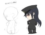  bangs black_hair chibi female_admiral_(kantai_collection) from_behind gloves hands_on_hips hat kantai_collection long_hair looking_at_viewer looking_back military military_hat military_uniform multiple_views niwatazumi peaked_cap red_eyes sketch smile tatebayashi_sakurako translated uniform 