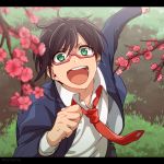  1boy black_hair cherry_blossoms clenched_hand from_above glasses grass green_eyes idolmaster idolmaster_side-m iseya_shiki jacket letterboxed maguro_(ma-glo) male_focus necktie open_clothes open_jacket open_mouth petals pink-framed_glasses red_necktie running smile solo tree_branch twitter_username 