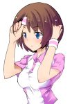  1girl :o adjusting_clothes arms_up blue_eyes blush breasts brown_hair buttons caburi_aki collared_shirt eyebrows eyebrows_visible_through_hair headband looking_at_viewer original parted_lips shirt short_hair short_sleeves simple_background solo sportswear sweatband tareme tennis_uniform upper_body white_background white_shirt 
