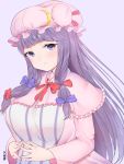  1girl blush breasts capelet crescent dress fingers_together hair_ribbon hat huge_breasts lavender_background long_hair long_sleeves looking_at_viewer md5_mismatch mob_cap patchouli_knowledge purple_hair ribbon simple_background smile solo striped striped_dress touhou tress_ribbon upper_body ushinomiya violet_eyes wide_sleeves 