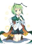  1girl :d antennae black_bow black_bowtie black_cape black_shorts blue_eyes blush boots bow bowtie brown_boots cape green_hair hand_on_own_chest kneeling knees_together_feet_apart long_sleeves open_mouth shirt short_hair shorts smile solo suichuu_hanabi touhou white_shirt wriggle_nightbug 