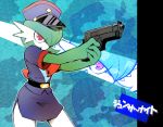  aiming beretta_92 finger_on_trigger gardevoir green_hair gun handgun hat junsaa_(pokemon)_(cosplay) minashirazu no_humans outline pokemon pokemon_(creature) police police_hat police_uniform red_eyes skirt solo translation_request uniform weapon zoom_layer 