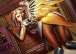  1girl against_wall ass badcompzero bent_over blue_eyes bodysuit breasts high_ponytail lips mercy_(overwatch) overwatch ponytail silver_hair smile solo thighs 