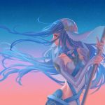  1girl aqua_(fire_emblem_if) blue_hair detached_sleeves elbow_gloves fingerless_gloves fire_emblem fire_emblem_if gloves gradient gradient_background holding holding_weapon sky solo twilight wind wind_lift yellow_eyes 