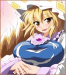  1girl :d blonde_hair blush breasts commentary_request dress fang fox_tail frills hat highres kyuubi large_breasts long_sleeves looking_at_viewer mob_cap multiple_tails nekorin open_mouth pillow_hat shikishi short_hair smile solo tabard tail touhou upper_body white_dress wide_sleeves yakumo_ran yellow_eyes 