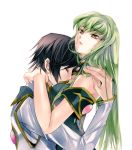  1boy 1girl bangs between_breasts black_hair c.c. closed_eyes code_geass covered_mouth detached_sleeves eyebrows eyebrows_visible_through_hair from_side green_hair hair_between_eyes hand_on_another&#039;s_shoulder head_between_breasts hetero hug jewelry lelouch_lamperouge long_hair meimi_k parted_lips simple_background upper_body white_background yellow_eyes 