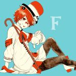  1boy :p arm_support asymmetrical_clothes bandaged_arm bandages bandaid blue_background boots cane flag from_side fukase hat head_flag headset kikuchi_mataha looking_at_viewer mini_flag open_mouth point_(vocaloid) red_eyes red_sclera redhead scar simple_background sitting smile tongue tongue_out top_hat vocaloid 