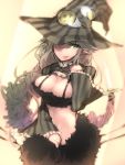  1girl beatmania beatmania_iidx bemani braid breasts bustier cleavage faula_(beatmania) grey_hair hair_over_one_eye hat kazetto large_breasts long_hair long_sleeves navel pointy_ears smile solo tongue tongue_out very_long_hair wide_sleeves witch_hat 