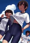  3girls bike_shorts blue_sky brown_hair clouds dutch_angle glasses gym_uniform hands_on_hips looking_at_viewer lvi multiple_girls open_mouth original outdoors revision shirt_lift short_hair skin_tight sky sweat 