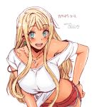  1girl alessandra_susu angelo_(gomahangetsu) aqua_eyes blonde_hair blush bra_strap bracelet breasts character_name collarbone cross cross_necklace dated earrings hand_on_hip highres jewelry large_breasts leaning_forward long_hair looking_at_viewer midriff navel necklace off_shoulder open_mouth smile solo strap_slip tan tokyo_7th_sisters 