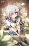  1girl artist_name between_legs black_legwear blue_eyes blush breasts brick_wall hair_ornament hair_over_one_eye hairclip hamakaze_(kantai_collection) hand_between_legs kantai_collection knees_together_feet_apart large_breasts leaf looking_at_viewer looking_up natsunoyuu neckerchief no_gloves pantyhose pleated_skirt school_uniform serafuku short_hair signature silver_hair sitting skirt solo sunlight v_arms 