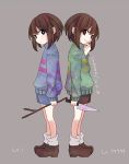 androgynous back-to-back black_eyes chara_(undertale) copyright_name crazy_eyes dated evil_smile expressionless frisk_(undertale) grey_background hand_on_own_chin knife red_eyes saki_(pixy0911) shoes shorts simple_background smile socks spoilers stick striped striped_sweater sweater undertale 