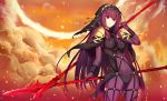  1girl bodysuit breasts dual_wielding fate/grand_order fate_(series) kauto long_hair polearm purple_hair red_eyes scathach_(fate/grand_order) solo veil weapon 