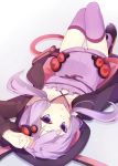 1girl animal_hood bunny_hood collarbone dress hair_ornament hood hoodie looking_at_viewer lying on_back open_clothes open_hoodie purple_dress purple_hair purple_legwear shoes solo strapless strapless_dress sxupxdxxy thigh-highs tube_dress twintails violet_eyes vocaloid voiceroid yuzuki_yukari 