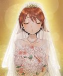 1girl bouquet bride brown_hair closed_eyes dress flower hair_ornament incoming_kiss jewelry miyafuji_yoshika necklace pearl_necklace rose short_hair solo strike_witches totonii_(totogoya) veil wedding wedding_dress 