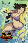  1girl absurdres alex_mendez alternate_costume asymmetrical_hair bra breasts buruma capcom cleavage cornrows dougi electricity highres laura_matsuda looking_at_viewer navel open_clothes solo stomach street_fighter street_fighter_v underwear 