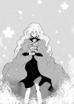  1girl :o bare_legs bouquet closed_eyes coat dress flower grey_background greyscale holding holding_flower long_hair long_sleeves lp_(hamasa00) monochrome open_clothes open_coat original own_hands_together parted_lips simple_background solo standing 