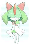  :o costume full_body hand_on_own_face kirlia kirlia_(cosplay) minashirazu no_humans pokemon pokemon_(creature) ralts solo striped striped_background 