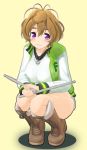  1girl 3d :3 axanael blush breasts brown_hair drumsticks gakuo_o large_breasts looking_at_viewer nitroplus shoes short_hair smile solo squatting violet_eyes watanuki_fuuri 