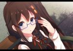  1girl alternate_costume bespectacled blue_eyes braid brown_hair cuon_(kuon) glasses kantai_collection letterboxed long_hair school_uniform shigure_(kantai_collection) solo 