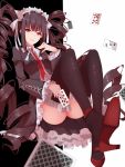  1girl bangs black_hair black_legwear black_nails blunt_bangs blurry bow bowtie card celestia_ludenberck cross-laced_clothes dangan_ronpa dangan_ronpa_1 depth_of_field drill_hair frilled_sleeves frills gothic_lolita high_heels holding holding_card light_smile lips lolita_fashion long_hair long_sleeves looking_at_viewer nail_polish necktie parted_lips playing_card red_eyes red_necktie red_shoes shiguru shoes sidelocks sitting solo thigh-highs thighs twin_drills twintails upskirt very_long_hair white_bow white_bowtie 
