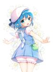  1girl :o adapted_costume bangs beret bloomers blue_bow blue_eyes blue_hair blush bow cirno cowboy_shot daisy floral_background flower from_behind hair_bow hat ice ice_wings looking_at_viewer looking_back open_mouth outstretched_arms pointy_ears pouch puffy_short_sleeves puffy_sleeves sailor_collar shinoba short_sleeves simple_background solo spread_arms standing touhou underwear white_background white_hat wings 