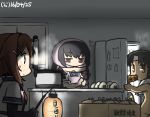  3girls bodysuit brown_hair commentary cupboard dated failure_penguin food furutaka_(kantai_collection) hair_ornament hairclip hamu_koutarou headband isokaze_(kantai_collection) kantai_collection lantern multiple_girls nagara_(kantai_collection) nude onigiri refrigerator remodel_(kantai_collection) rice_cooker school_uniform serafuku short_hair sweat towel towel_around_neck translated 