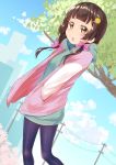  1girl :o amayadori_machi black_legwear bow brown_eyes brown_hair dress gurande_(g-size) hair_ornament hairclip hands_in_pockets highres jacket kumamiko long_hair low_twintails open_mouth outdoors pantyhose power_lines ribbon sky solo sweater sweater_dress tree twintails 