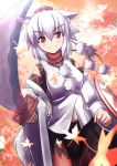  1girl animal_ears bare_shoulders blush detached_sleeves hair_between_eyes hat inubashiri_momiji leaf maple_leaf marusan pom_pom_(clothes) red_eyes shield short_hair silver_hair smile solo sword tail tokin_hat touhou weapon wide_sleeves wolf_ears wolf_tail 
