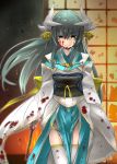  1girl aqua_hair architecture blood blood_on_face blood_stain bloody_clothes crying crying_with_eyes_open detached_sleeves east_asian_architecture fan fate/grand_order fate_(series) fire highres horns japanese_clothes kimono kiyohime_(fate/grand_order) long_hair looking_down macaroni_tamago obi ribbon sash solo tears thigh-highs wide_sleeves yellow_eyes zettai_ryouiki 