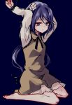  1girl arms_up barefoot brown_dress bruise chain chained dirty_clothes dress empty_eyes flower hair_flower hair_ornament injury long_hair long_sleeves low_twintails purple_hair scratches shirt short_dress sitting solo touhou tsukumo_benben twintails uranaishi_(miraura) very_long_hair violet_eyes wariza 