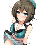  1girl bare_shoulders black_gloves blue_eyes blush breasts brown_hair cleavage don_(29219) gloves hair_ornament hat headgear kantai_collection looking_at_viewer maya_(kantai_collection) midriff panties pantyshot pleated_skirt remodel_(kantai_collection) short_hair simple_background sitting skirt skirt_lift sleeveless smile solo twitter_username underwear white_background x_hair_ornament 