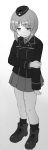  1girl alternate_costume ashiwara_yuu crying crying_with_eyes_open garrison_cap girls_und_panzer greyscale hat highres looking_away looking_down monochrome nishizumi_miho sad simple_background solo tears uniform white_background 