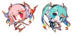  2girls aqua_eyes aqua_hair blush chibi cosplay costume_switch elbow_gloves gloves goodsmile_company goodsmile_racing green_hair hatsune_miku headphones hood hoodie long_hair looking_at_viewer minoa_(lastswallow) multiple_girls nitroplus open_mouth pink_hair pom_pom_(clothes) racequeen rainbow_hair red_eyes skirt smile super_sonico thigh-highs twintails very_long_hair vocaloid 