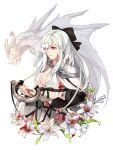  1girl blood bow breasts cleavage drag-on_dragoon drag-on_dragoon_3 dragon flower flower_eyepatch gauntlets hair_bow kllsiren lily_(flower) long_hair mikhail_(drag-on_dragoon) red_eyes simple_background smile sword weapon white_background white_hair zero_(drag-on_dragoon) 