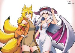  2girls animal_ears black_sclera borrowed_character brown_legwear cowboy_shot dated demon_girl demon_wings dress fox_ears fox_tail gradient gradient_background hand_on_headwear hand_on_hip horns lilim_(monster_girl_encyclopedia) long_hair looking_at_viewer lutherniel monster_girl monster_girl_encyclopedia multiple_girls multiple_tails original red_eyes signature simple_background slit_pupils smile strap_slip tail thigh-highs white_dress white_hair wings yellow_eyes 