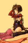  1girl artist_request bandages brown_hair gun highres koutetsujou_no_kabaneri mouth_hold mumei_(kabaneri) red_eyes ribbon_in_mouth short_hair sitting solo twintails weapon 