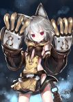  1girl animal_ears bangs bare_shoulders blush claw_(weapon) claws commentary_request detached_sleeves dress fang gloves granblue_fantasy hair_between_eyes hibanar long_hair looking_at_viewer paw_gloves red_eyes sen_(granblue_fantasy) silver_hair skirt smile solo weapon 
