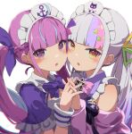  2girls :o ahoge bangs bare_shoulders blue_hair blue_nails blunt_bangs blush bow bowtie braid breasts chromatic_aberration colored_inner_hair dress eyebrows_visible_through_hair hair_ornament hair_ribbon hat heads_together highres holding_hands hololive interlocked_fingers long_hair long_sleeves looking_at_viewer maid maid_headdress minato_aqua multicolored_hair multiple_girls murasaki_shion nail_polish open_mouth pink_bow pink_bowtie pink_hair purple_bow purple_bowtie purple_hair remini_(scenceremini) ribbon silver_hair simple_background small_breasts streaked_hair twintails two-tone_hair upper_body violet_eyes virtual_youtuber white_background wrist_cuffs yellow_eyes 