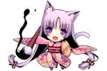  1girl :3 :d animal_ears bell calligraphy_brush cat_ears character_request chibi cookie fang floral_print food furisode hair_bell hair_ornament highres ink japanese_clothes jingle_bell kimono long_hair looking_at_viewer open_mouth paintbrush purple_hair sayori simple_background slit_pupils smile solo translated very_long_hair violet_eyes white_background 