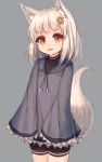  1girl animal_ears bike_shorts fang hair_flaps highres long_sleeves open_mouth original red_eyes shone short_hair simple_background smile solo tail white_hair wolf_ears wolf_tail 