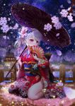  1girl absurdres alternate_color cherry_blossoms fan flower folding_fan hair_flower hair_ornament highres japanese_clothes kimono long_hair lunacle oriental_umbrella original red_eyes silver_hair solo umbrella 