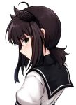  1girl ahoge black_hair blush don_(29219) ear hair_flaps hairband hatsuzuki_(kantai_collection) kantai_collection looking_at_viewer looking_back low_ponytail ponytail sailor_collar school_uniform serafuku short_hair short_ponytail simple_background solo white_background yellow_eyes 